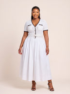 Contrast-Trim Knit Bodice Midi Dress