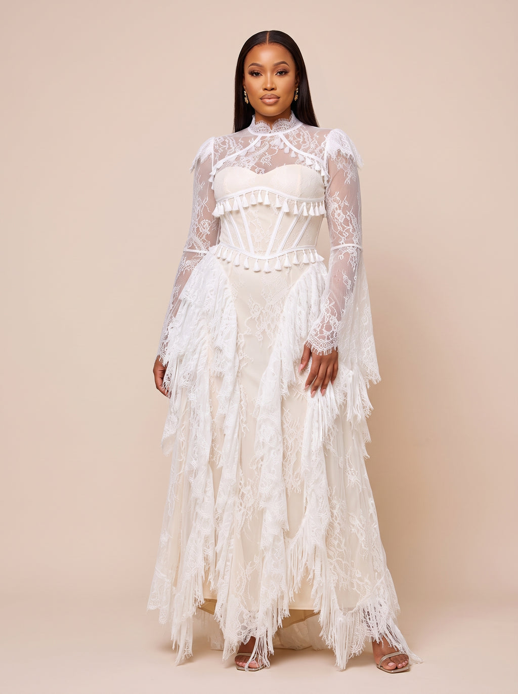 Lace Corset-Style Long-Sleeve Maxi Dress