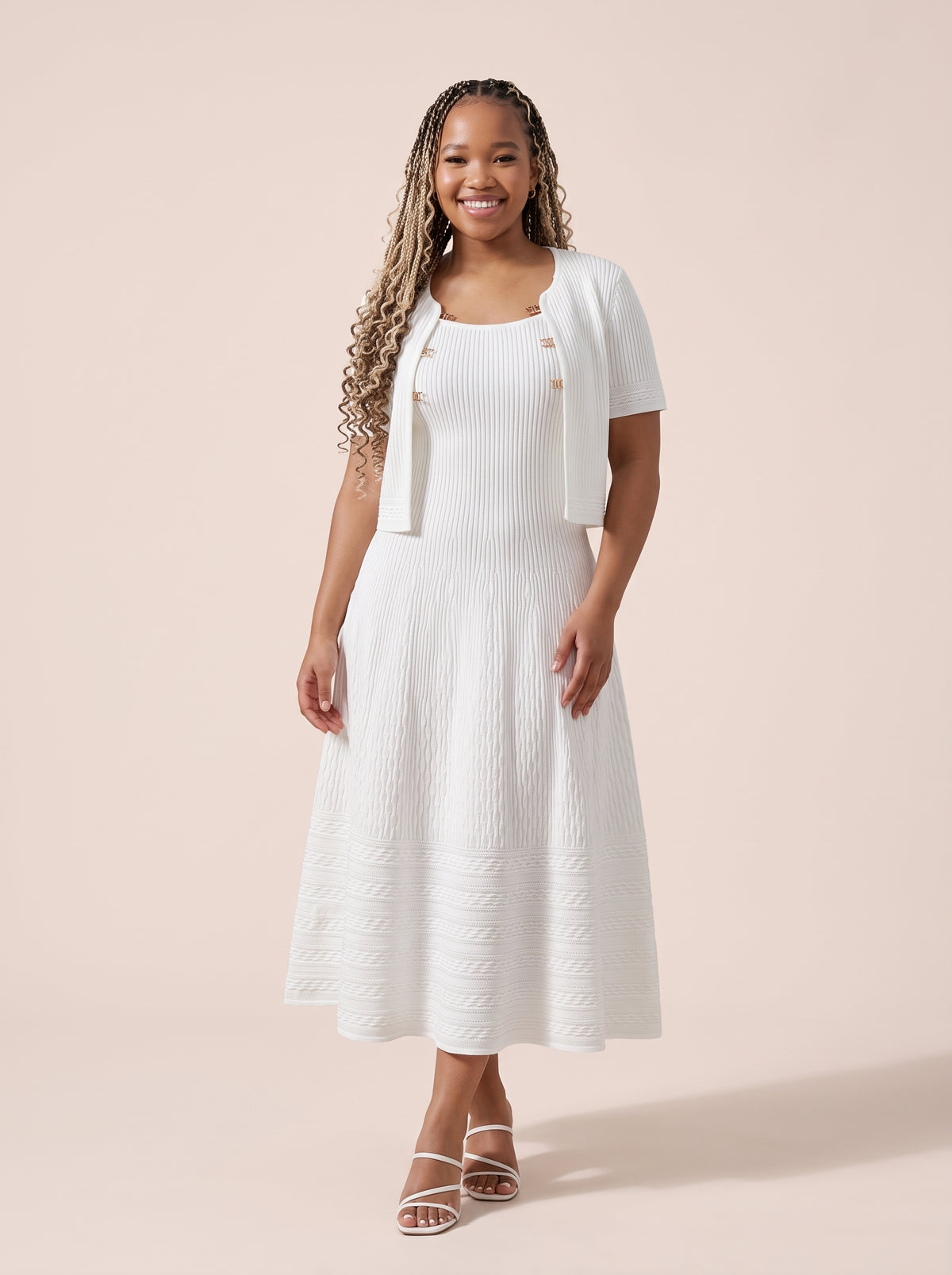 Short-Sleeve Cardigan and Midi Dress Knit Set