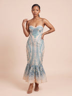 Print Beaded Strap Midi Dress