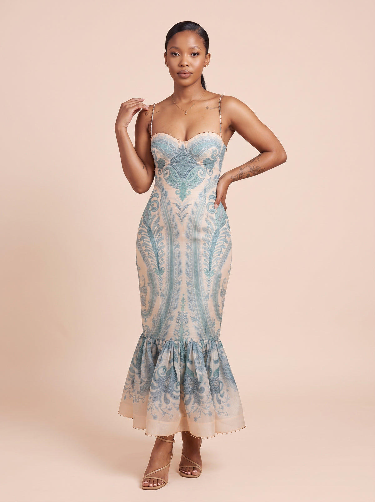 Print Beaded Strap Midi Dress