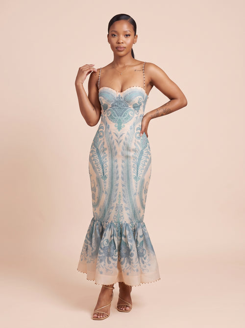 Print Beaded Strap Midi Dress