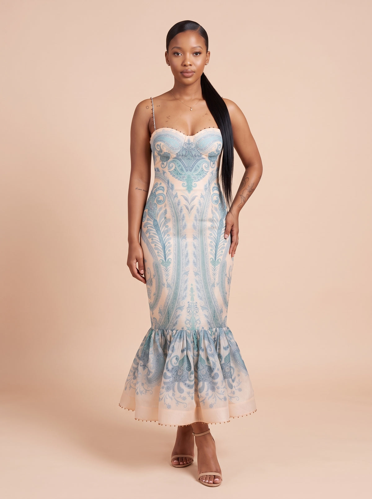 Print Beaded Strap Midi Dress