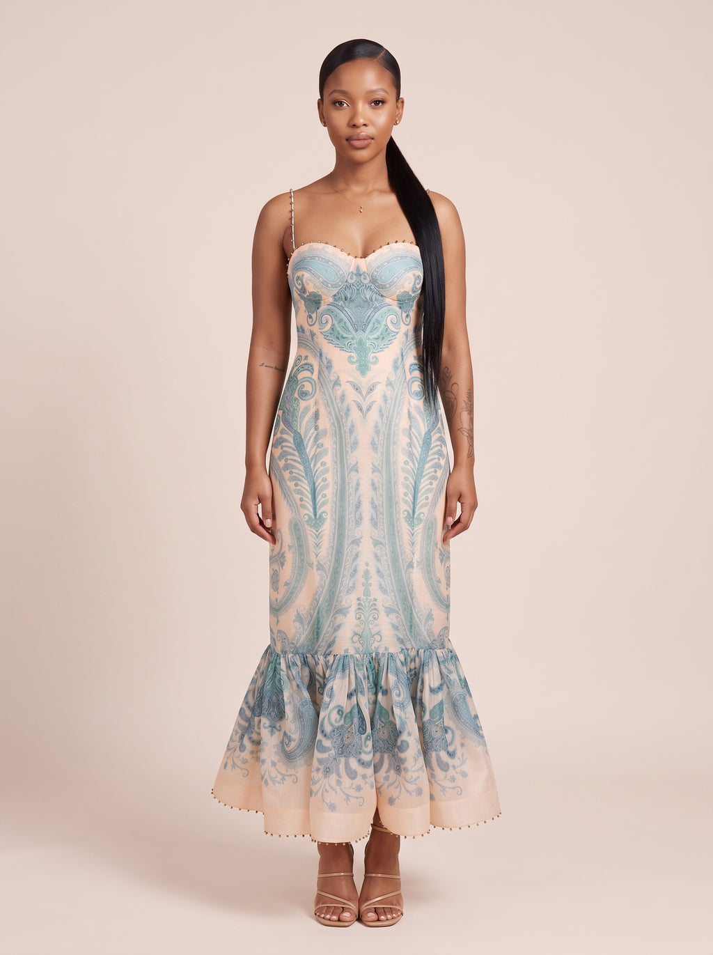 Print Beaded Strap Midi Dress