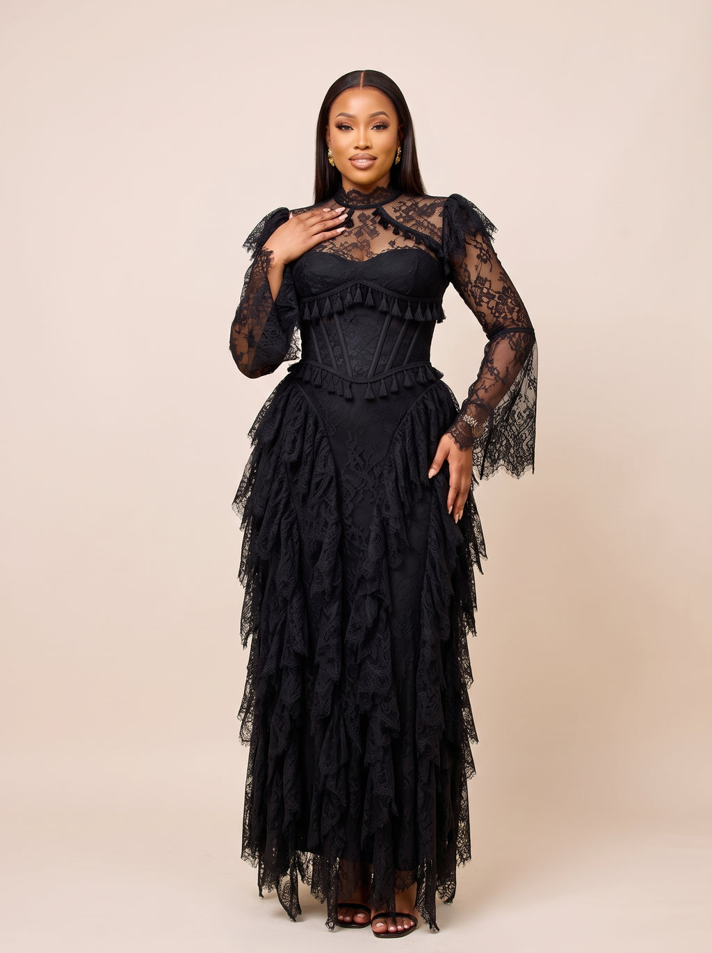 Lace Corset-Style Long-Sleeve Maxi Dress