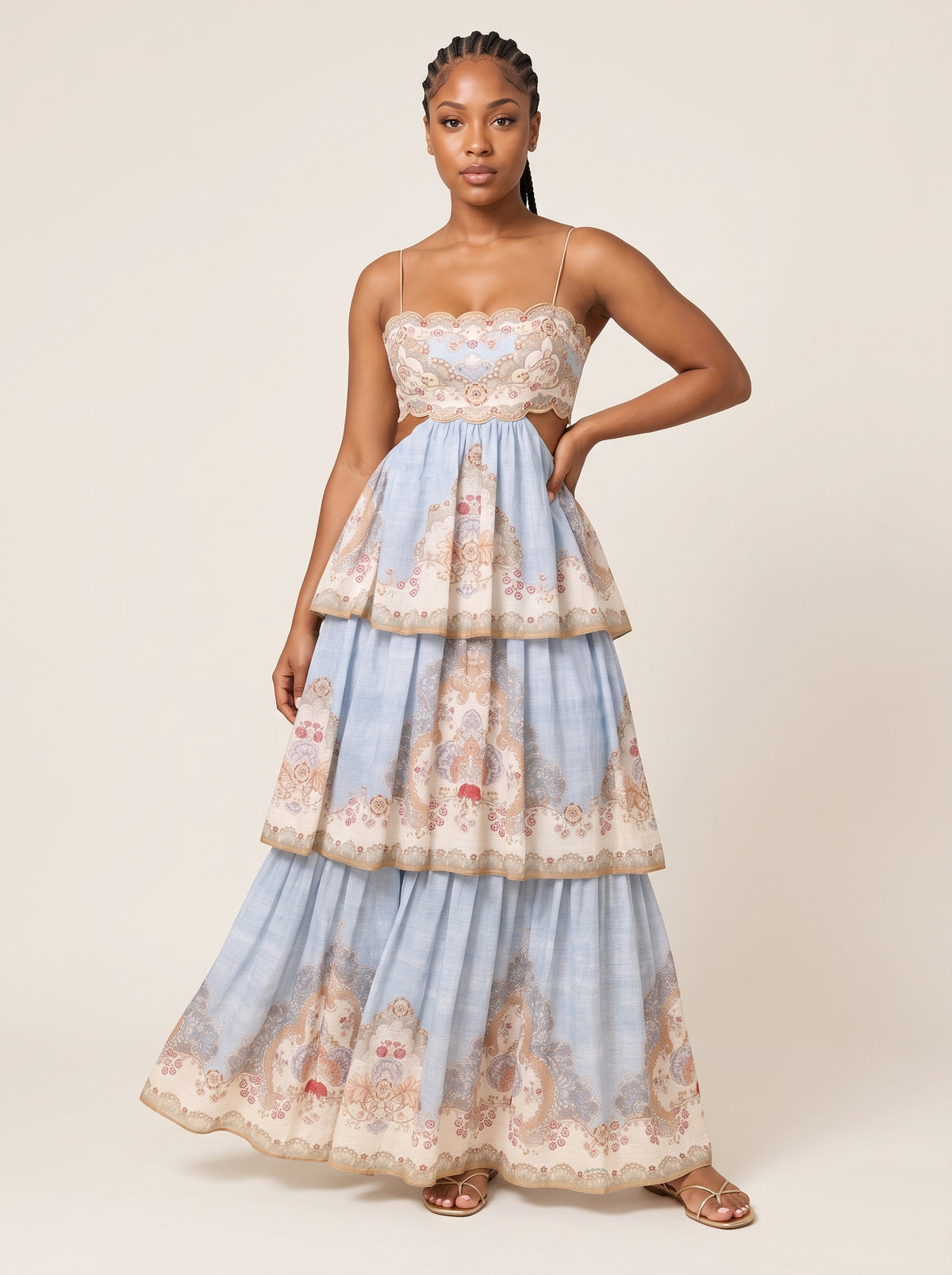 Scalloped Tiered Floral Maxi Dress