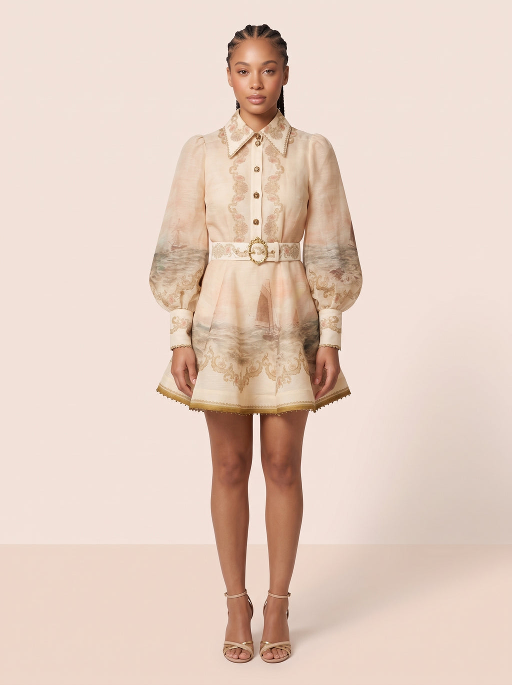 Seascape Print Belted Shirt Dress