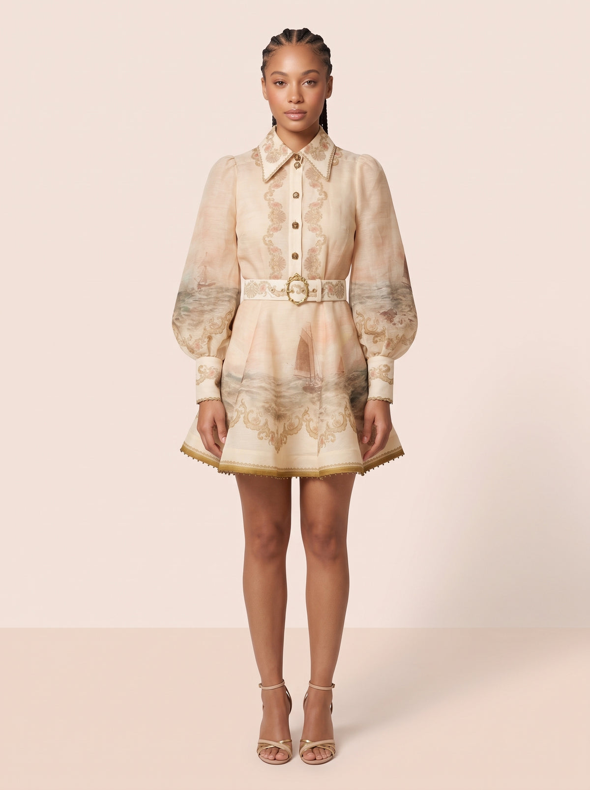 Seascape Print Belted Shirt Dress