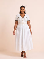 Contrast-Trim Knit Bodice Midi Dress