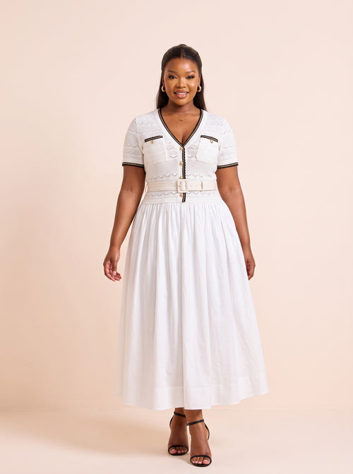 Contrast-Trim Knit Bodice Midi Dress