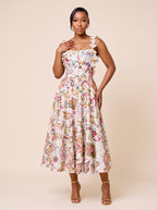 Floral Frame Print Appliqué Strap Midi Dress