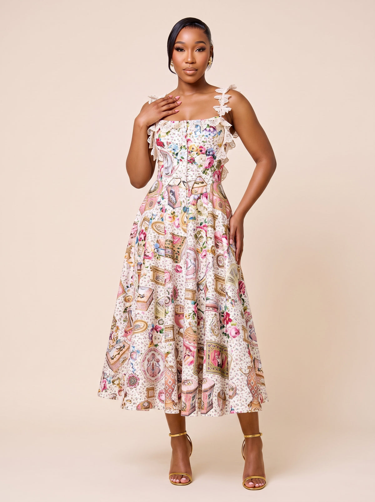 Floral Frame Print Appliqué Strap Midi Dress