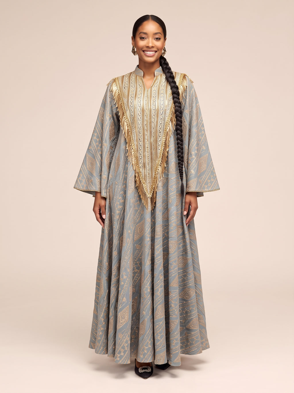Gold-Embellished Bell-Sleeve Maxi Dress