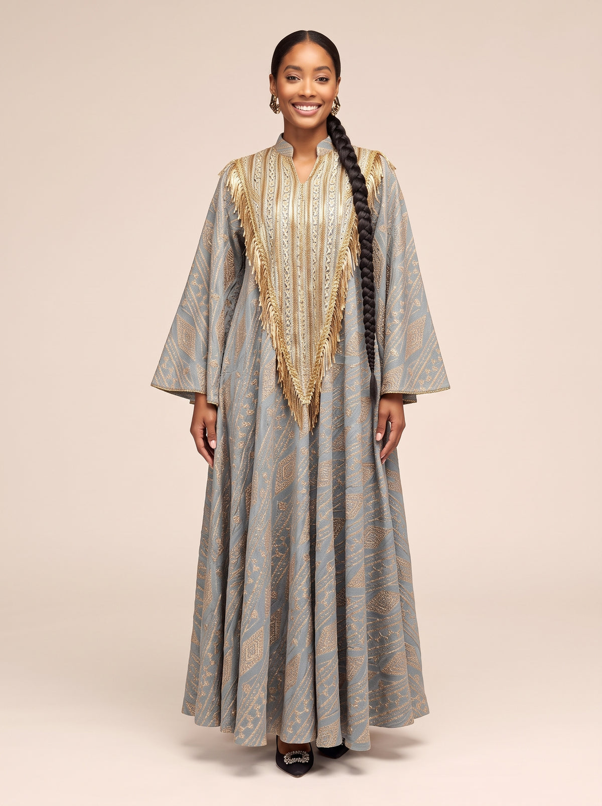 Gold-Embellished Bell-Sleeve Maxi Dress