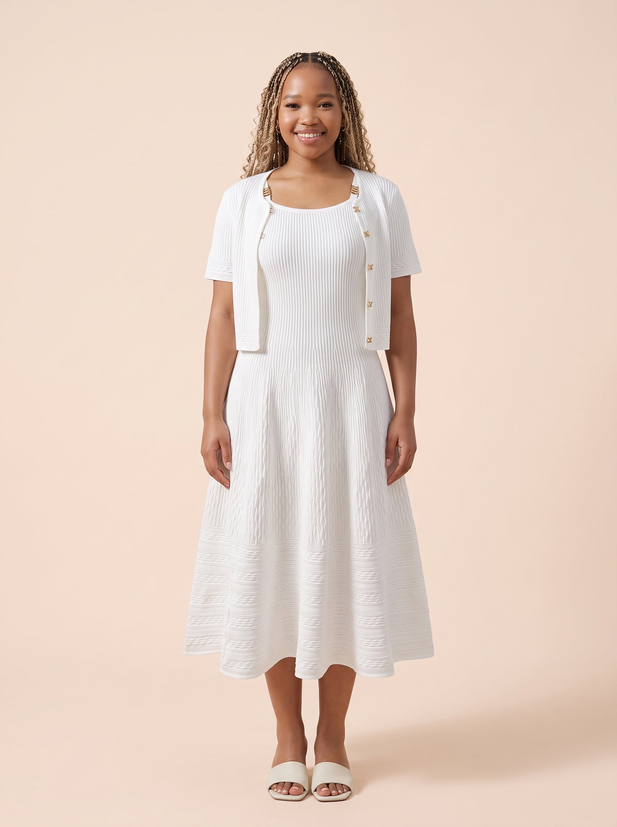 Short-Sleeve Cardigan and Midi Dress Knit Set