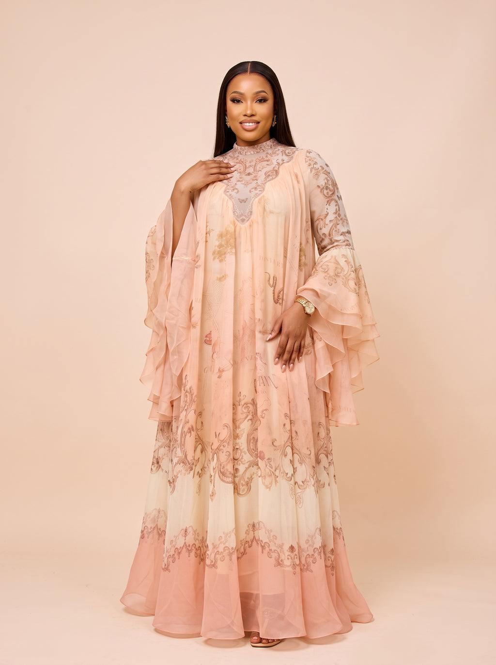 Printed Ombre Bell-Sleeve Maxi Dress