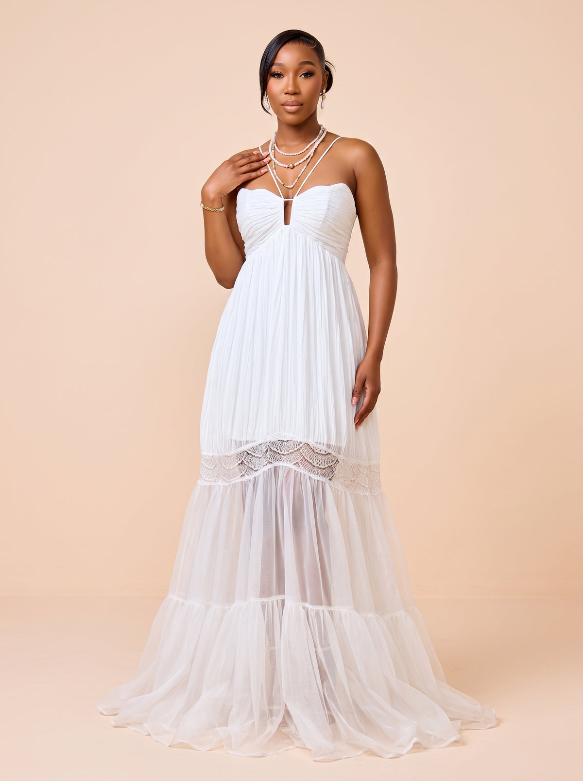 Pleated Lace-Trimmed Halter Maxi Dress