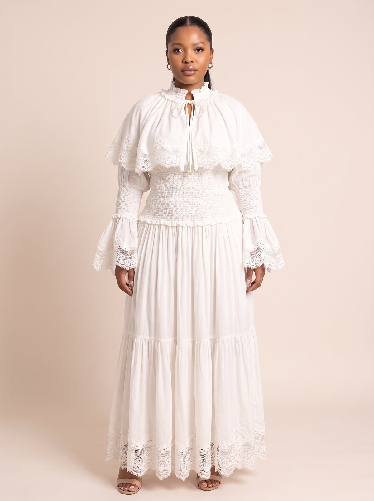 Lace-Trim Tiered Long-Sleeve Maxi Dress