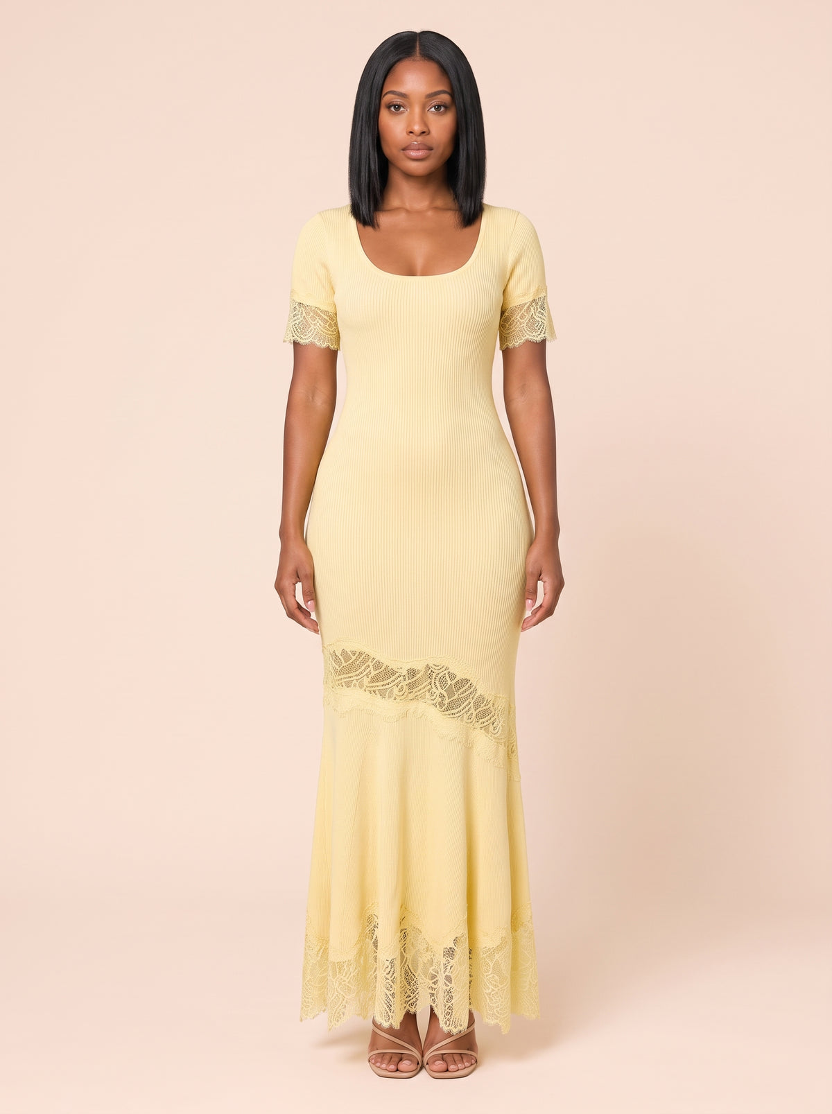 Lace-Trim Ribbed Knit Maxi Dress