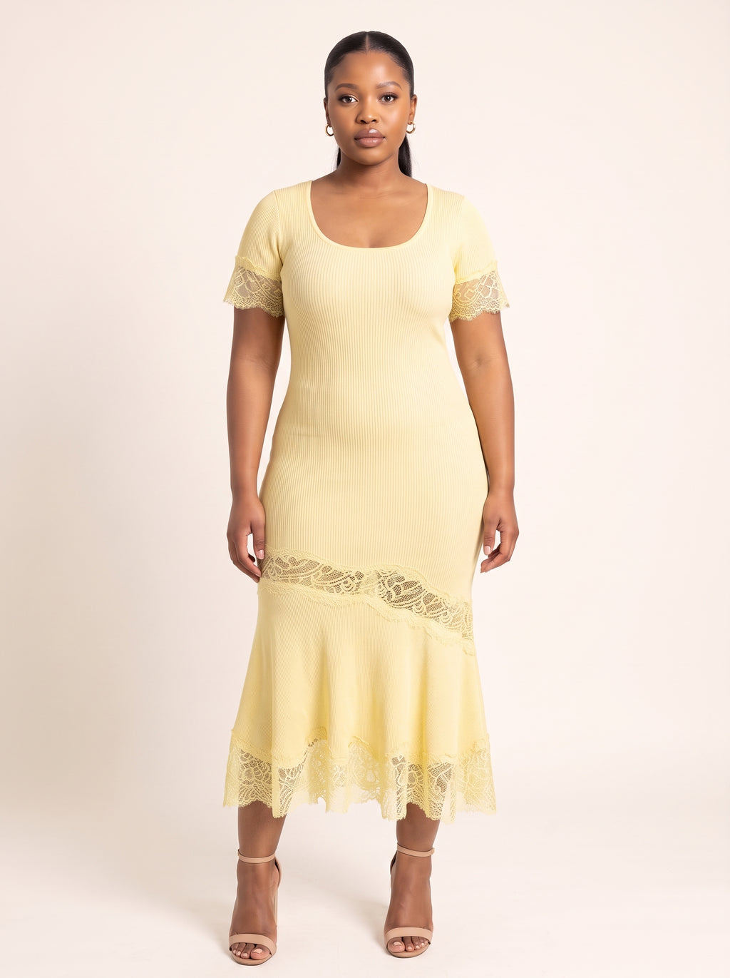 Ribbed Knit Lace-Trim Midi Dress