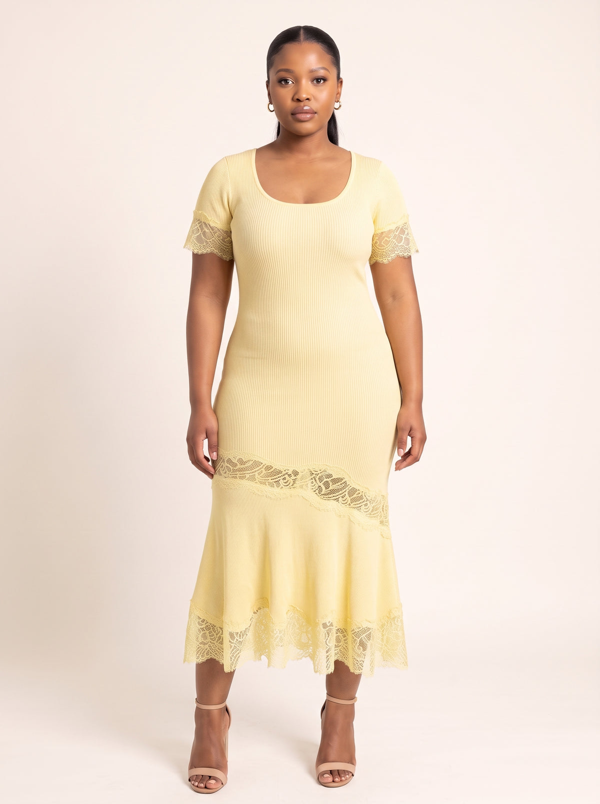 Ribbed Knit Lace-Trim Midi Dress
