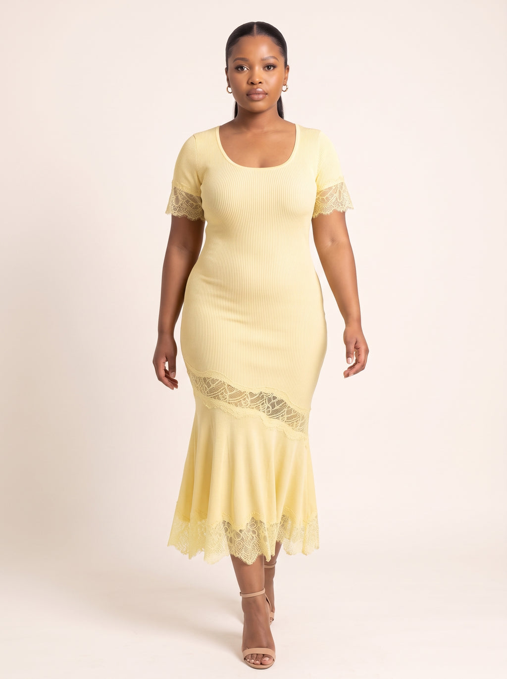 Ribbed Knit Lace-Trim Midi Dress