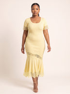 Ribbed Knit Lace-Trim Midi Dress