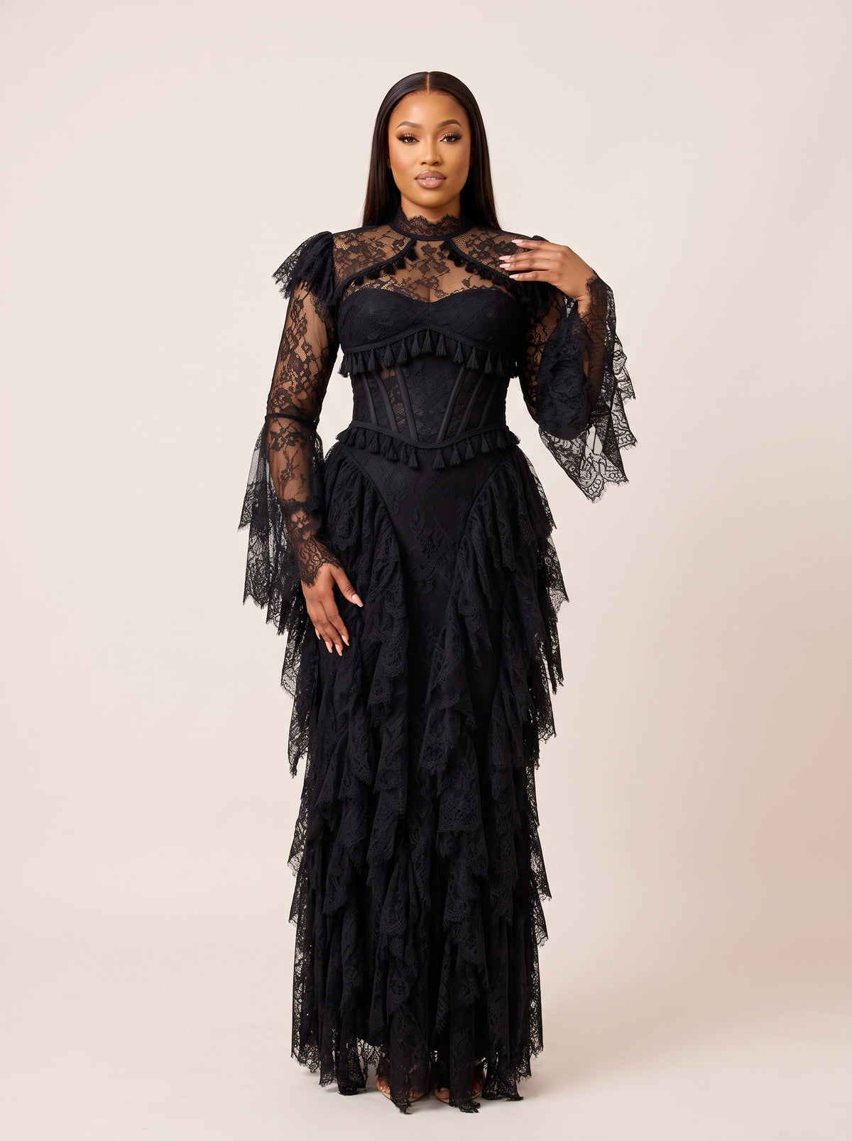Lace Corset-Style Long-Sleeve Maxi Dress