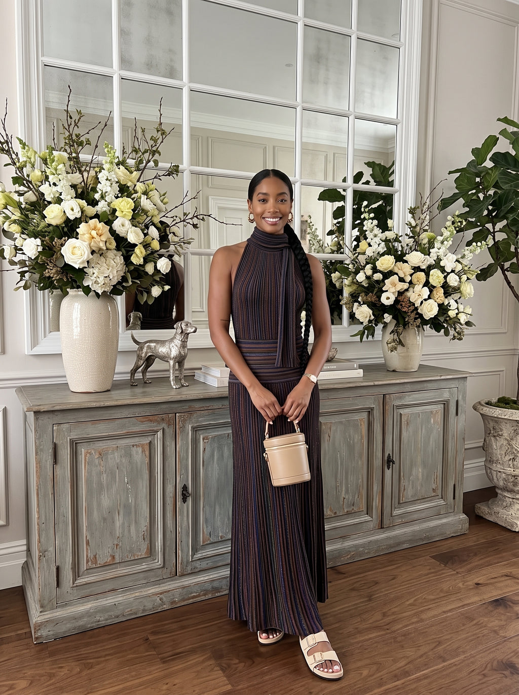 Sleeveless Ribbed Knit Scarf-Neck Gown