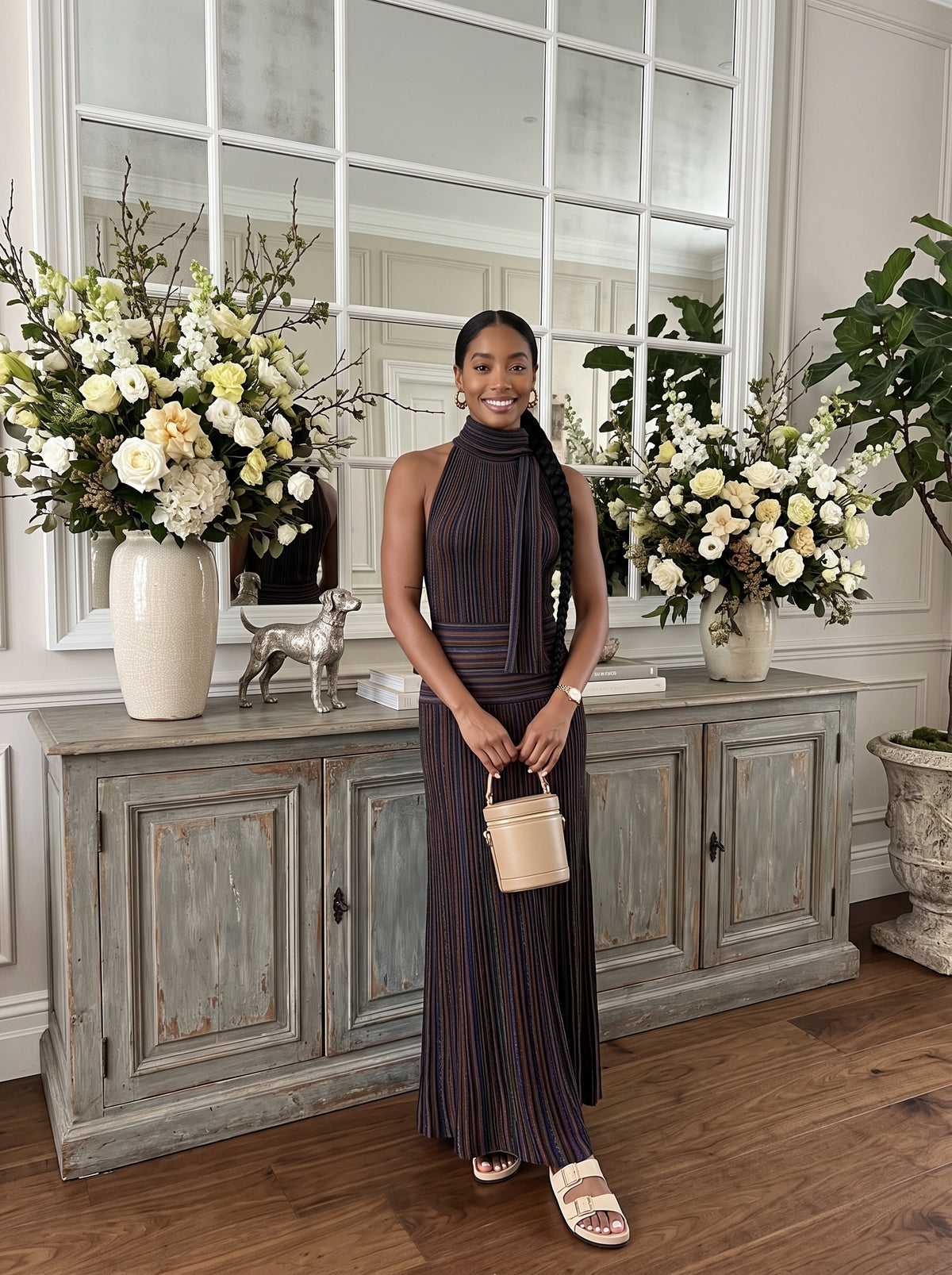 Sleeveless Ribbed Knit Scarf-Neck Gown