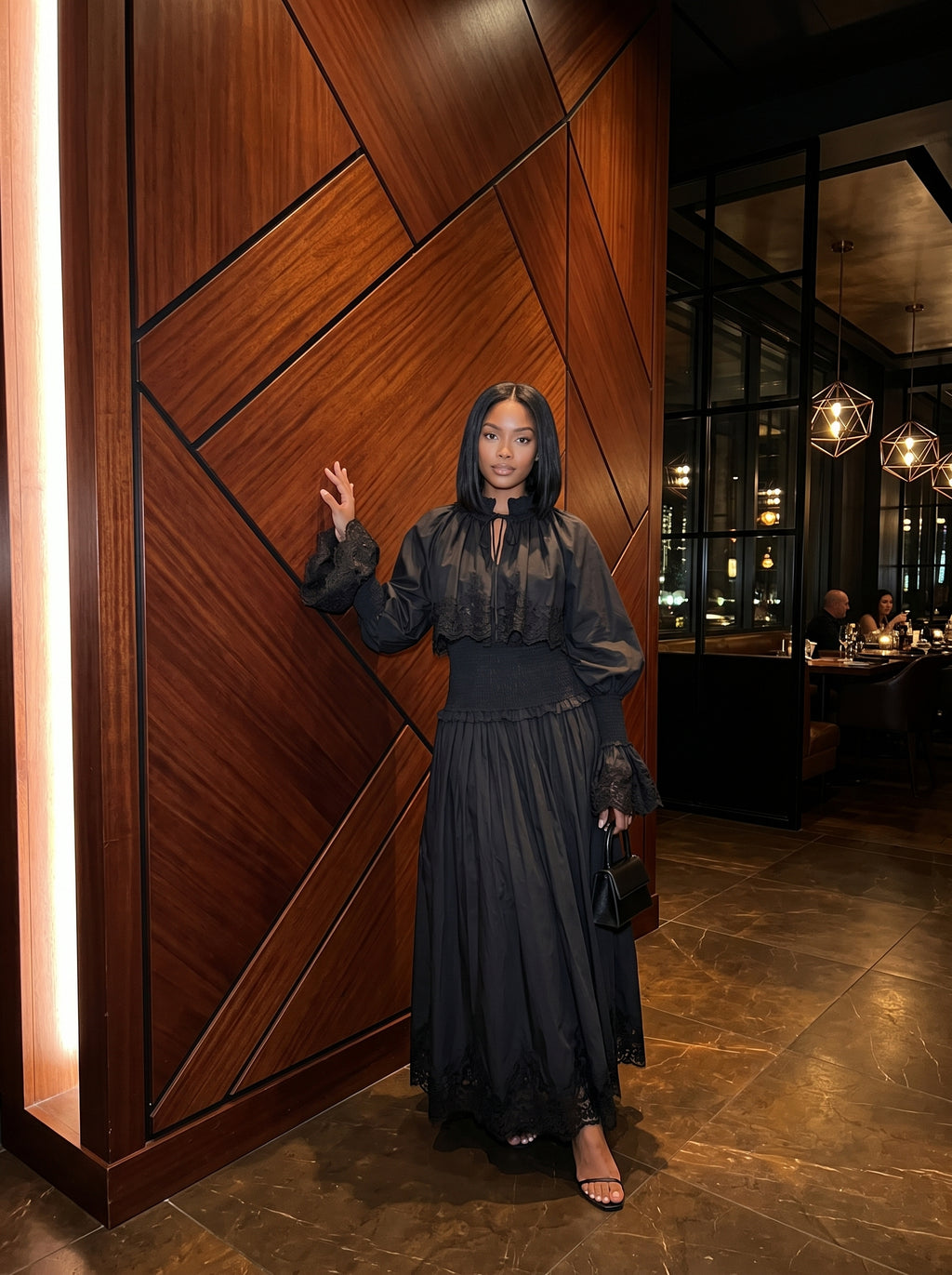 Lace-Trim Tiered Long-Sleeve Maxi Dress