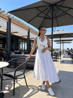 Cutout Appliqué Asymmetrical Hem Maxi Dress