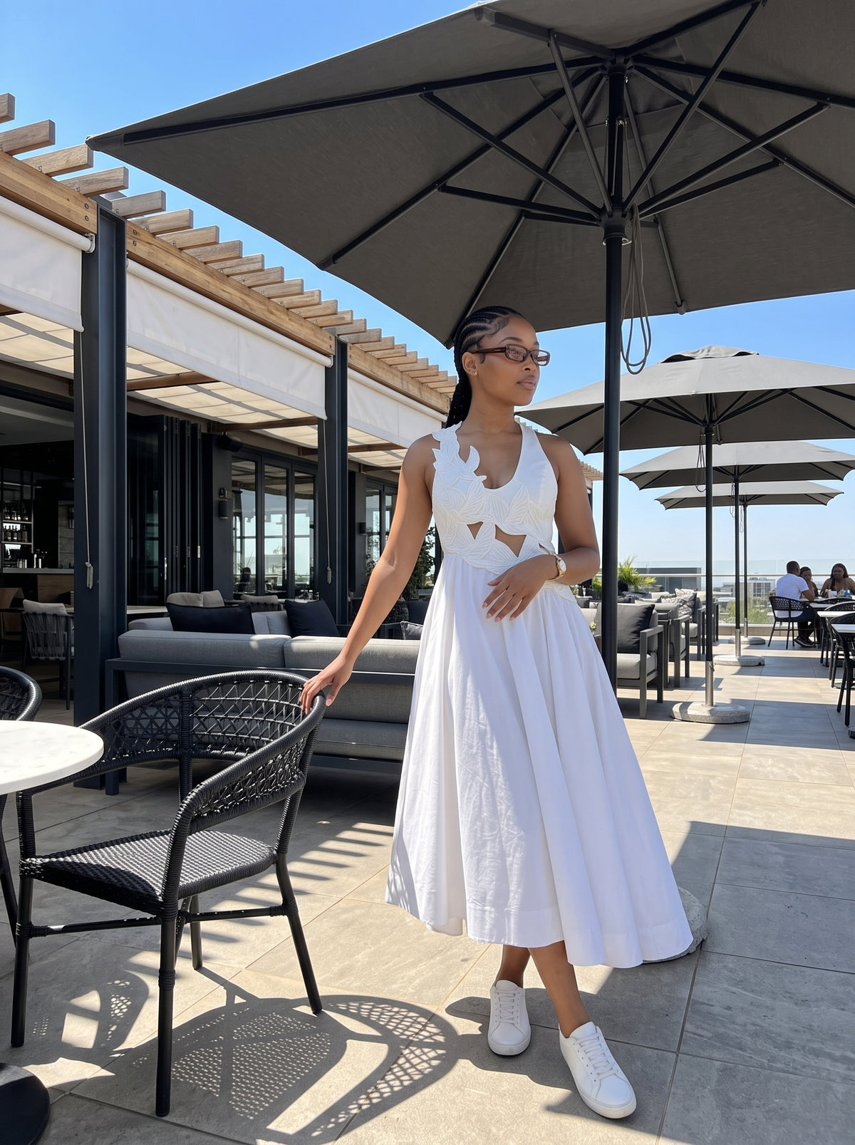 Cutout Appliqué Asymmetrical Hem Maxi Dress