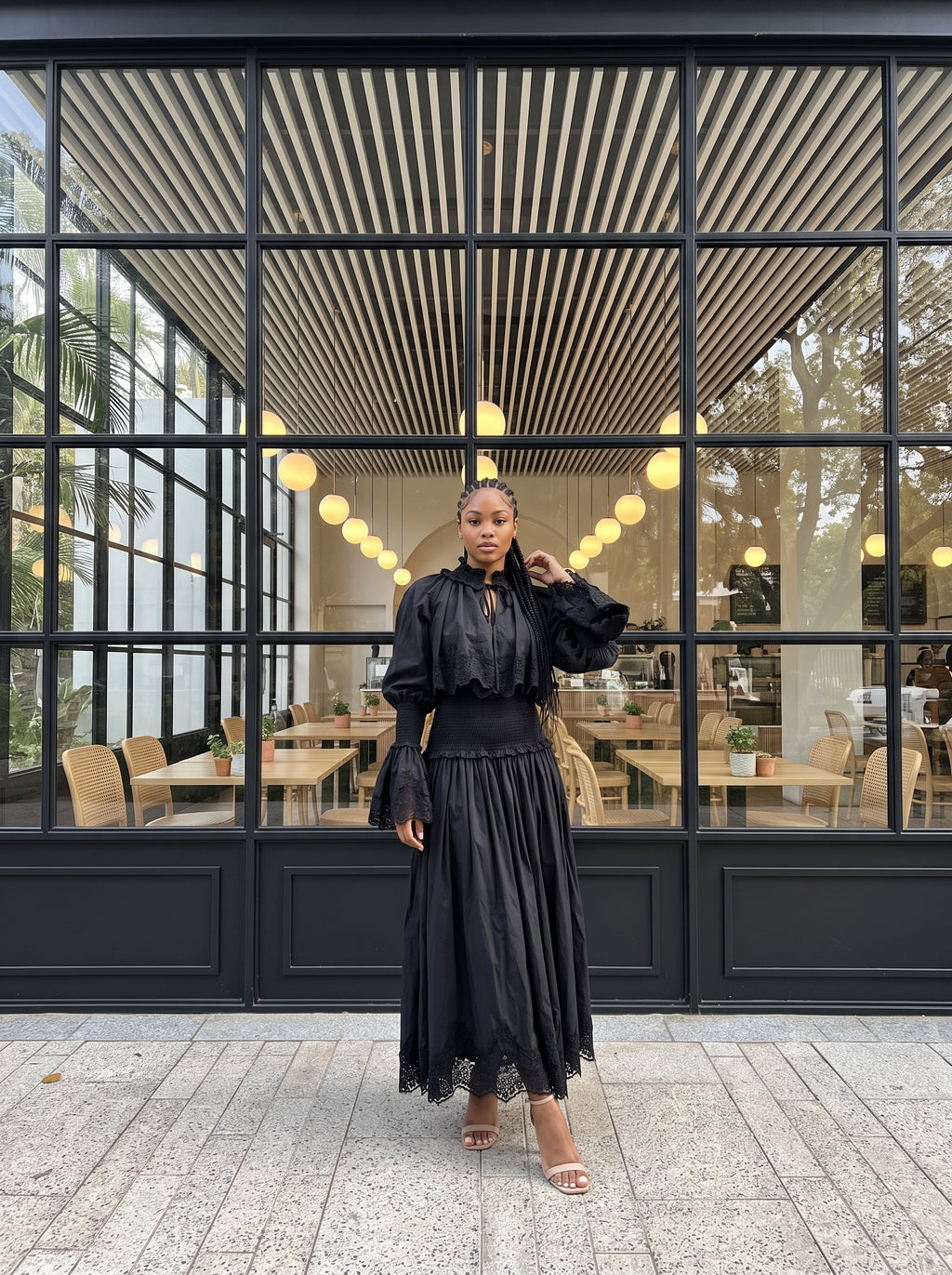 Lace-Trim Tiered Long-Sleeve Maxi Dress