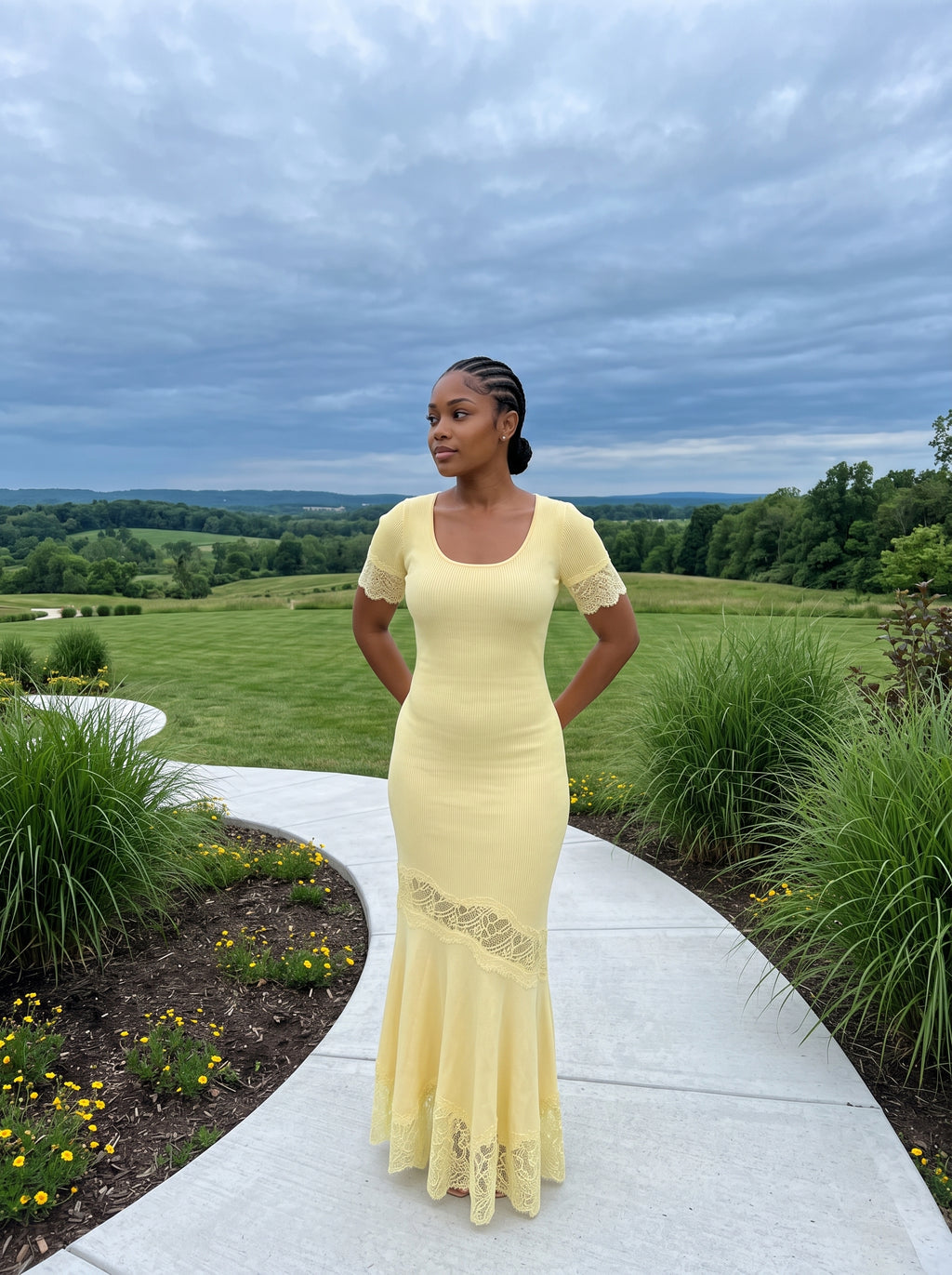 Ribbed Knit Lace-Trim Midi Dress