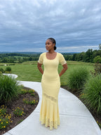 Ribbed Knit Lace-Trim Midi Dress