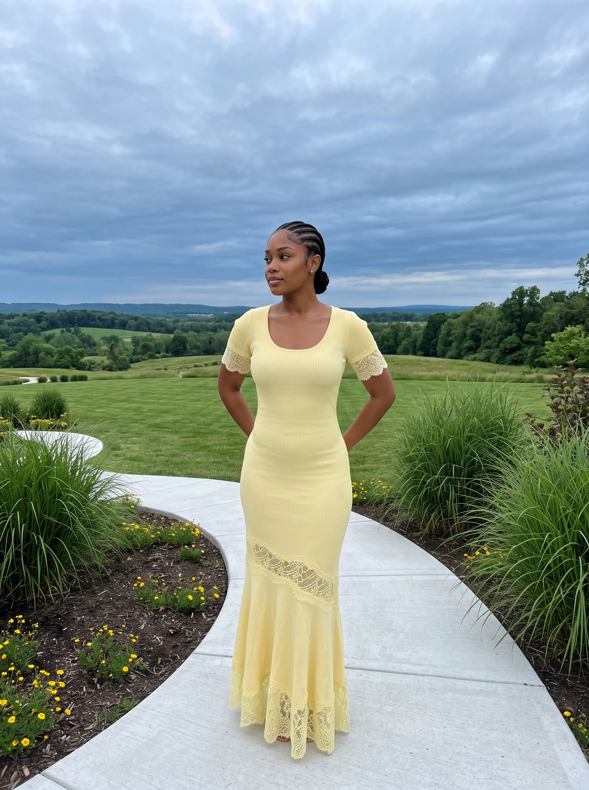 Ribbed Knit Lace-Trim Midi Dress