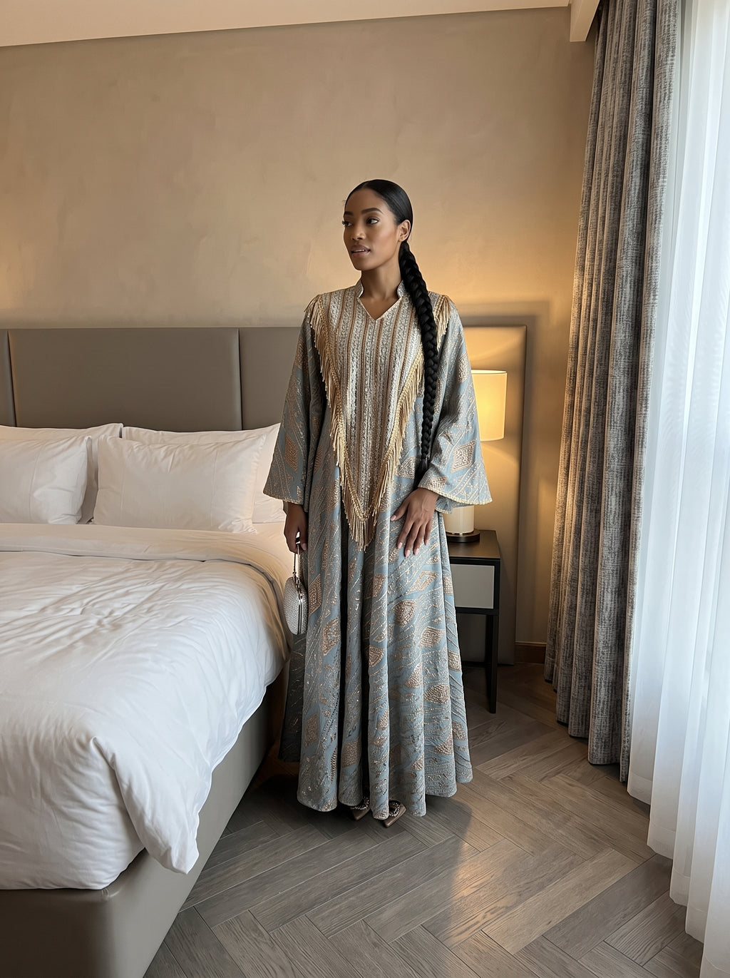 Gold-Embellished Bell-Sleeve Maxi Dress