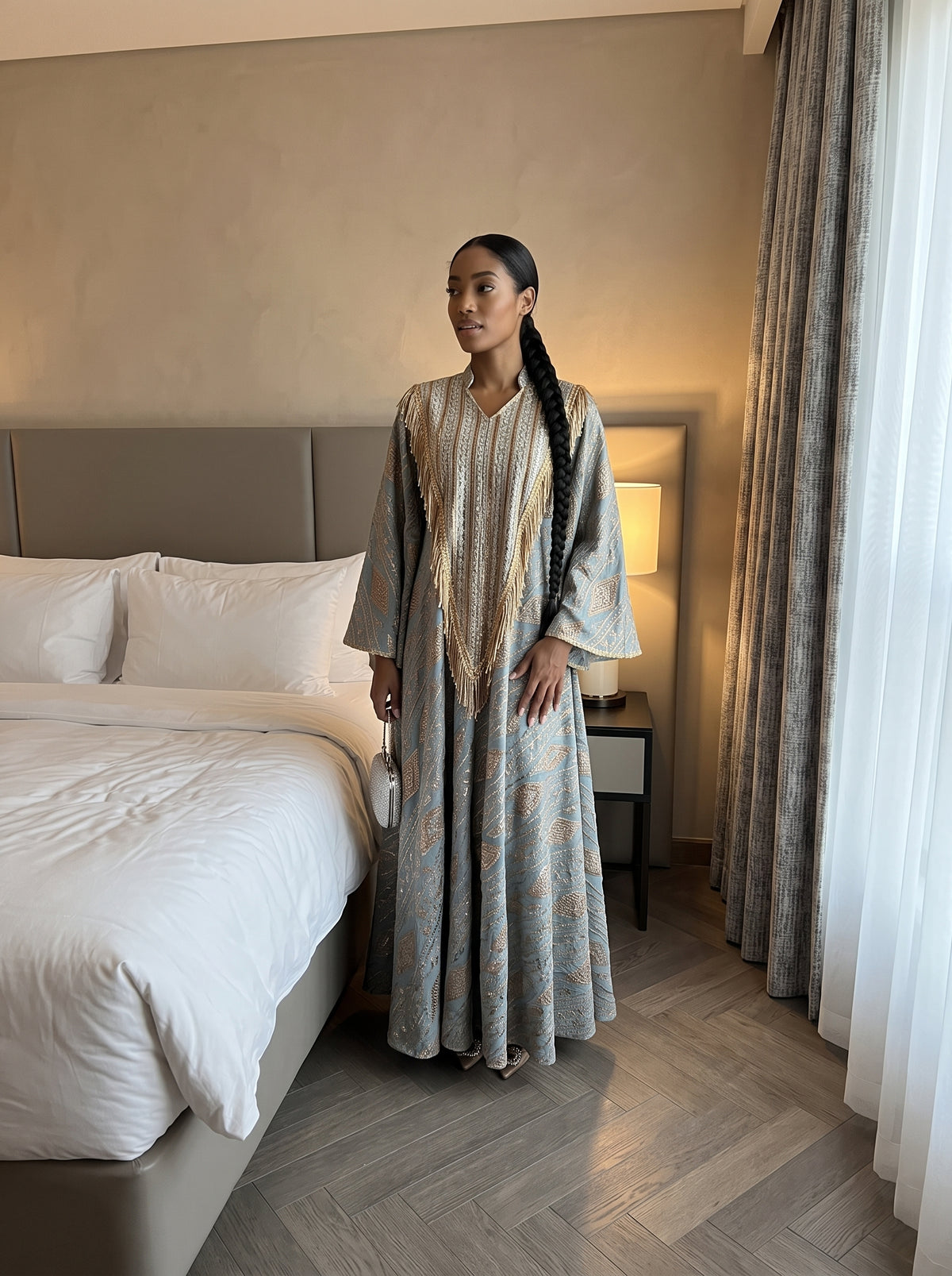 Gold-Embellished Bell-Sleeve Maxi Dress