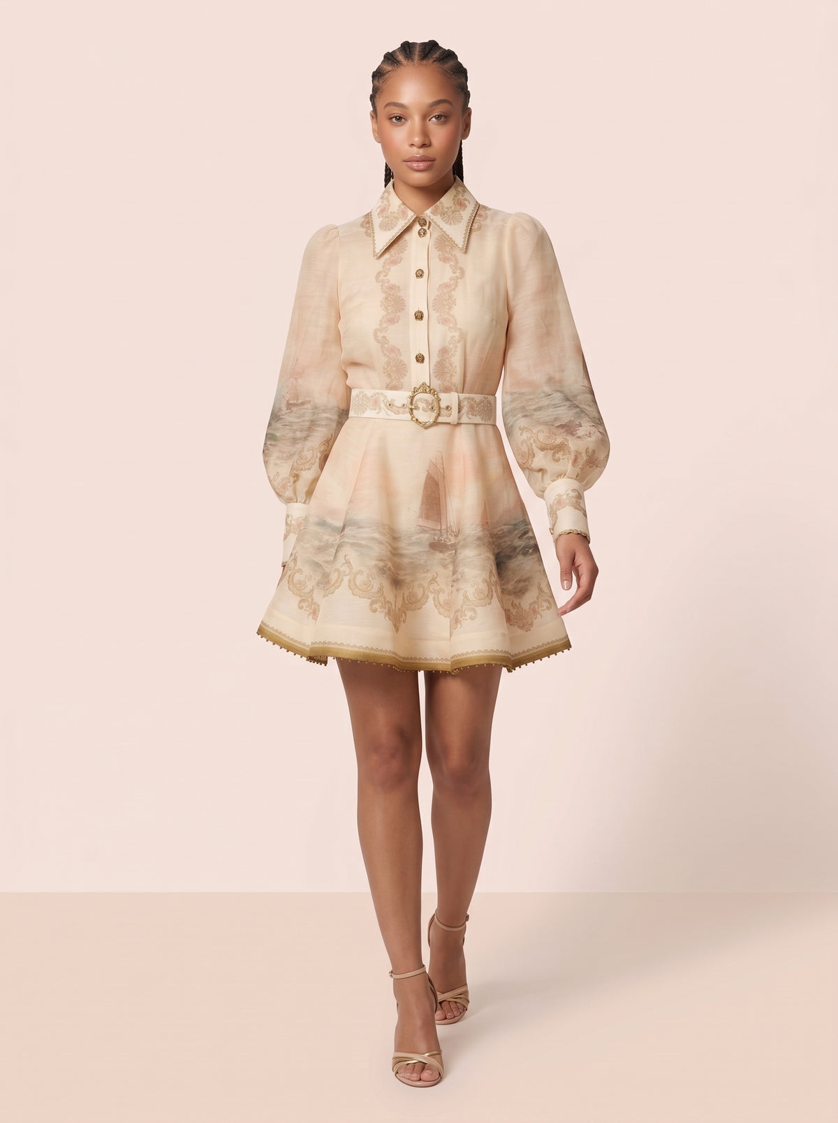 Seascape Print Belted Shirt Dress