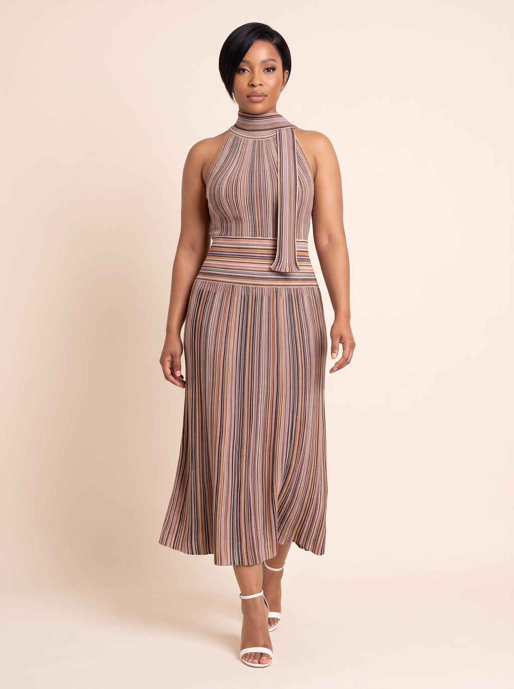 Sleeveless Ribbed Knit Scarf-Neck Gown