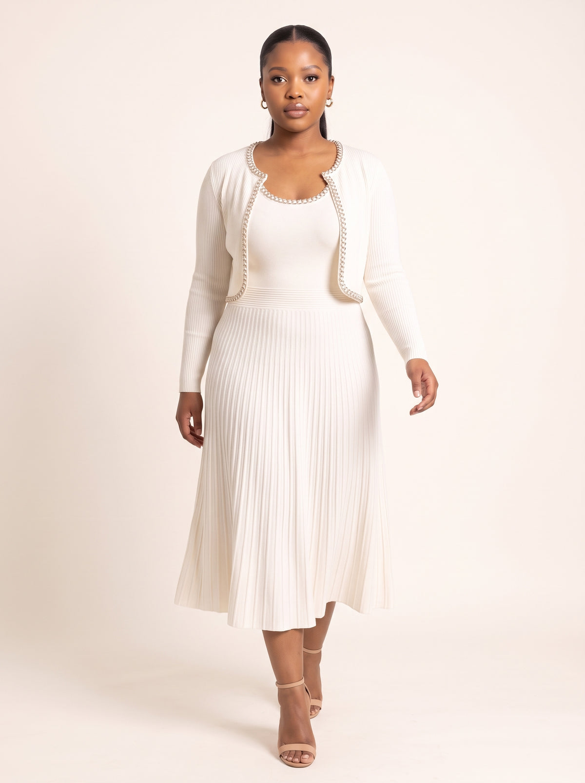 Ribbed Knit Two-Piece Matching Set with Beaded Edges