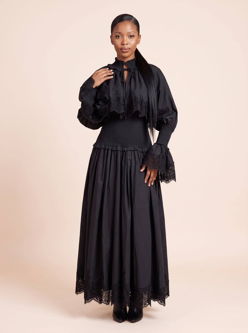 Lace-Trim Tiered Long-Sleeve Maxi Dress