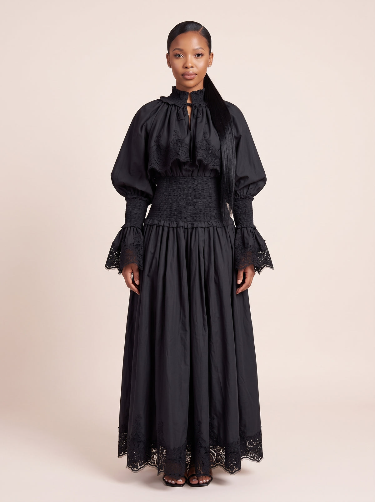 Lace-Trim Tiered Long-Sleeve Maxi Dress