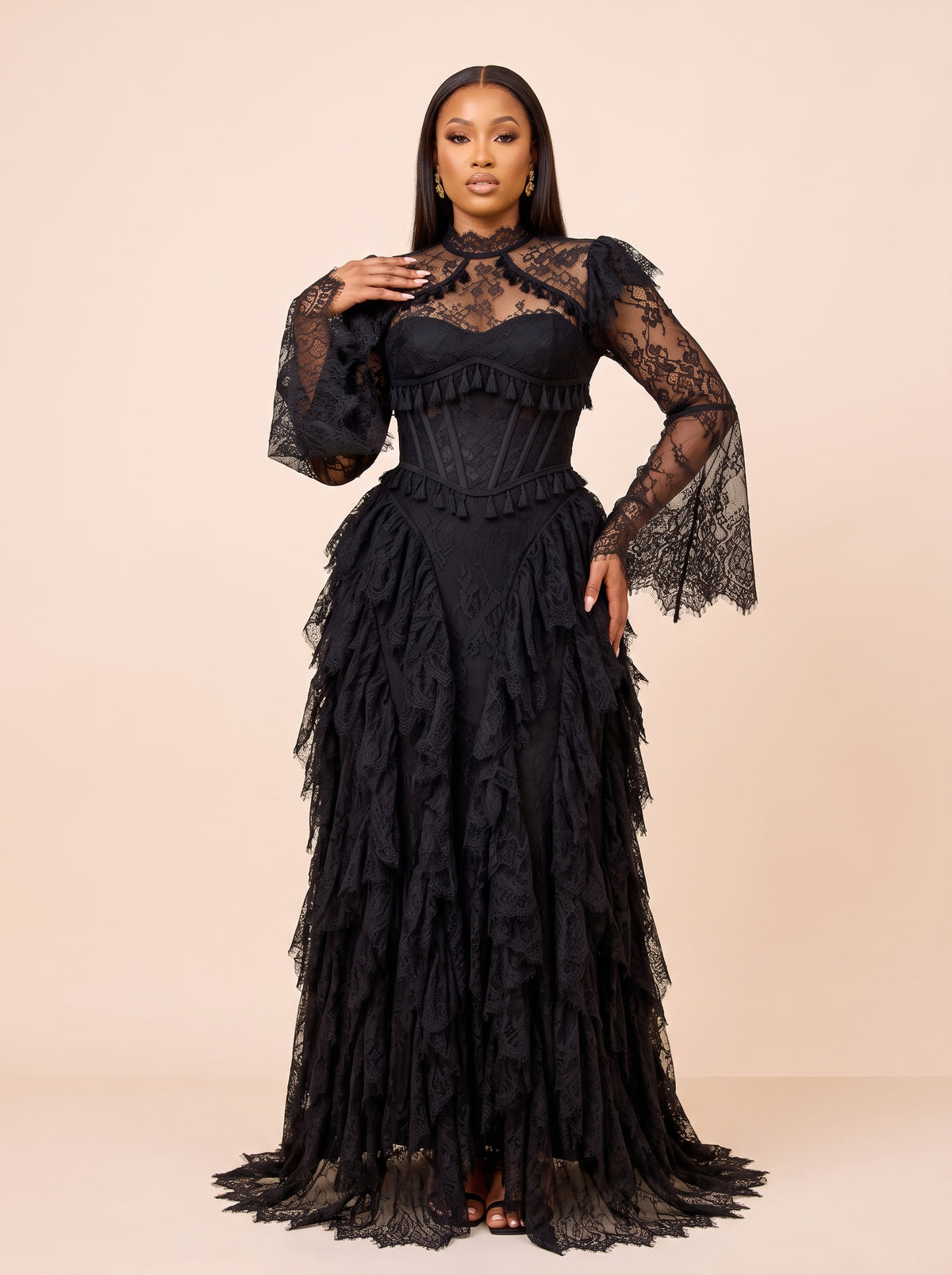 Lace Corset-Style Long-Sleeve Maxi Dress