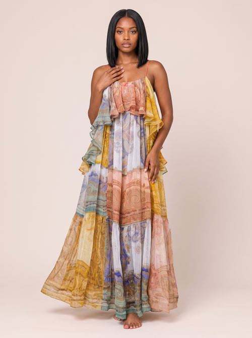 Bohemian Patchwork Print Tiered Maxi