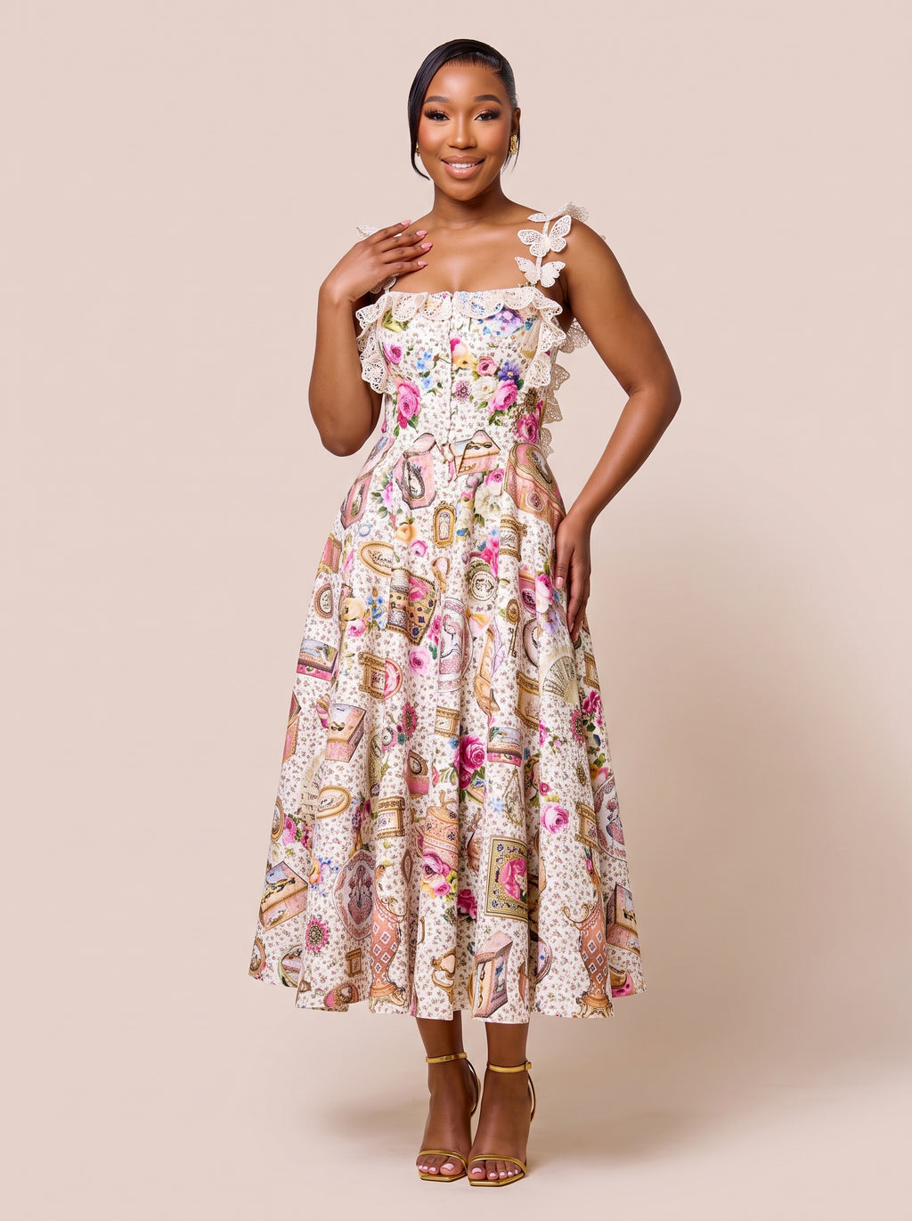 Floral Frame Print Appliqué Strap Midi Dress