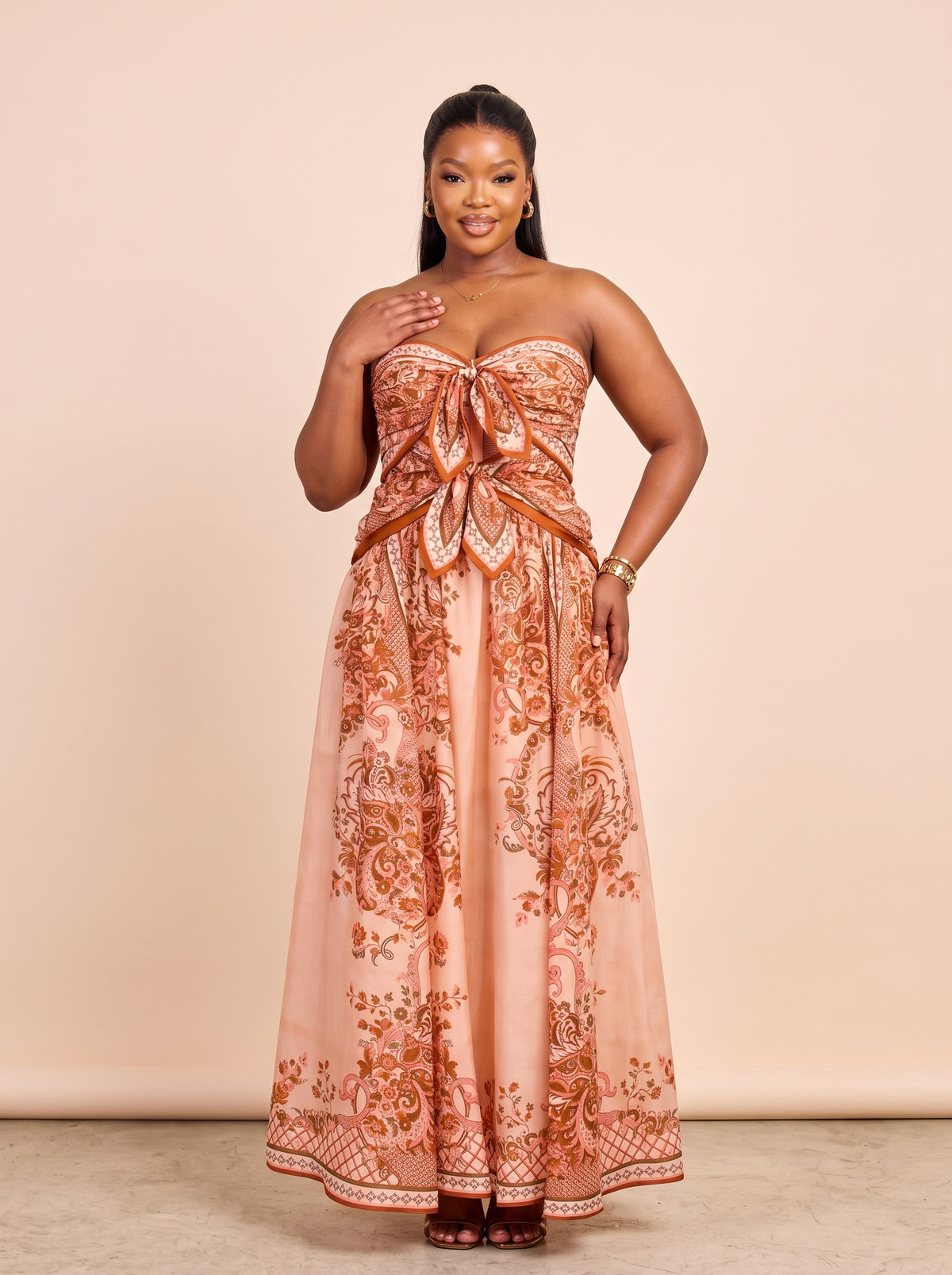 Peach & Rust Paisley Print Flowing Gown