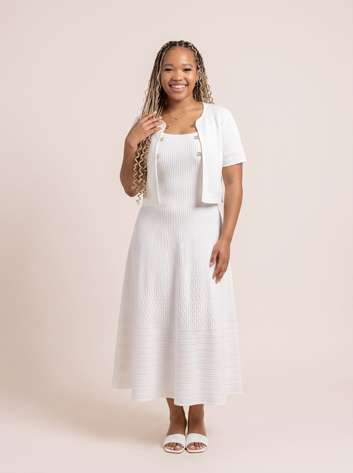 Short-Sleeve Cardigan and Midi Dress Knit Set