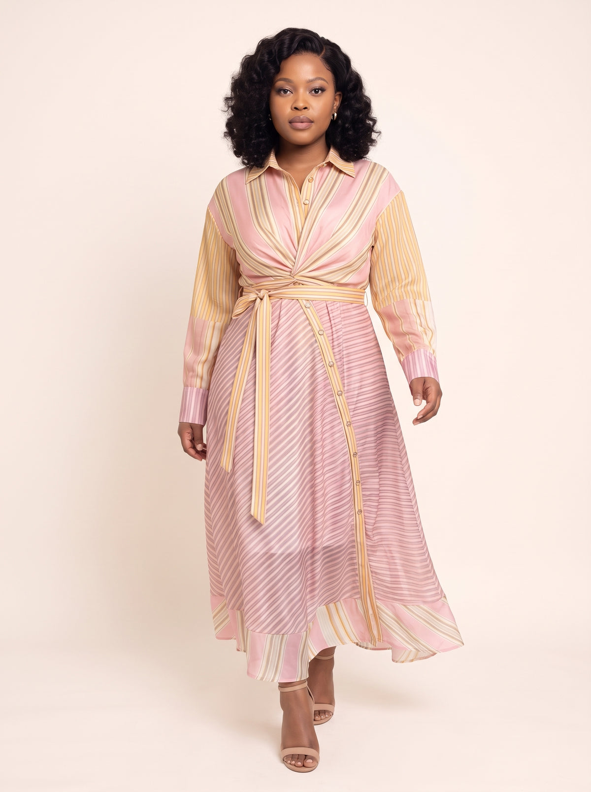 Striped Twist-Front Shirt Maxi Dress
